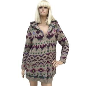 J.Jill Lenox Long Hooded Open Cardigan Sweater Aztec Wool Blend Sz Small Petite